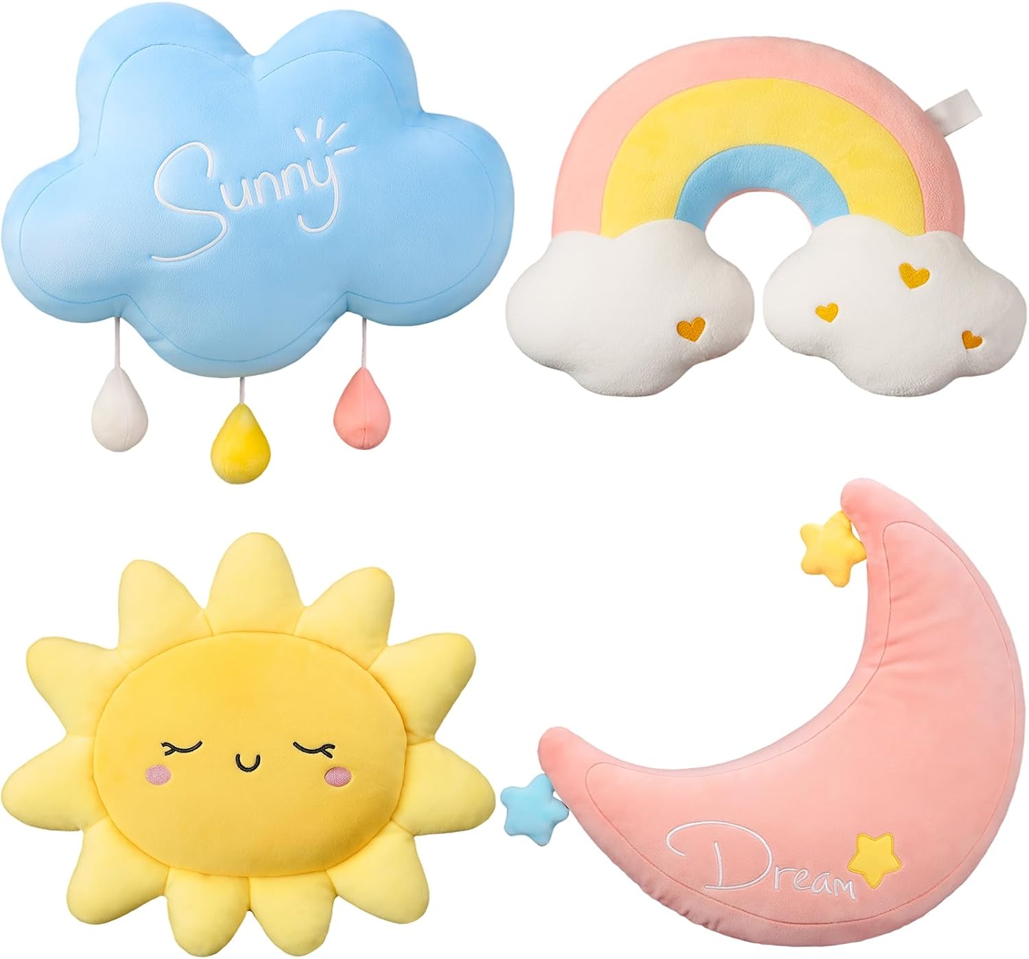 Cloud, rainbow, moon, and sun shaped pillow set, soft plush decorative cushions for home decor, gifts, and reading nook styling